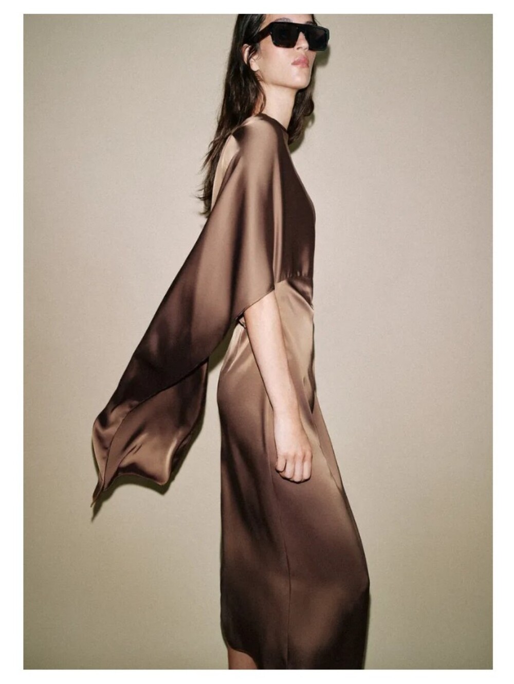 Zara Satin Effect Cape Brown Midi Dress - Picture 8 of 10